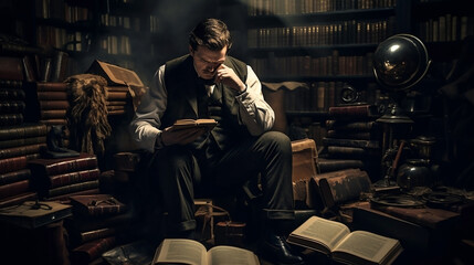 man in the library. guy reads books. suit, old photo, old books, bookcase, guy who loves to read, smart young man in a shirt leafing through a magazine