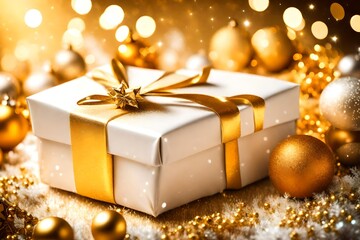 Gold holiday background with white present gift box, Christmas ornament and new year decoration over abstract defocused lights