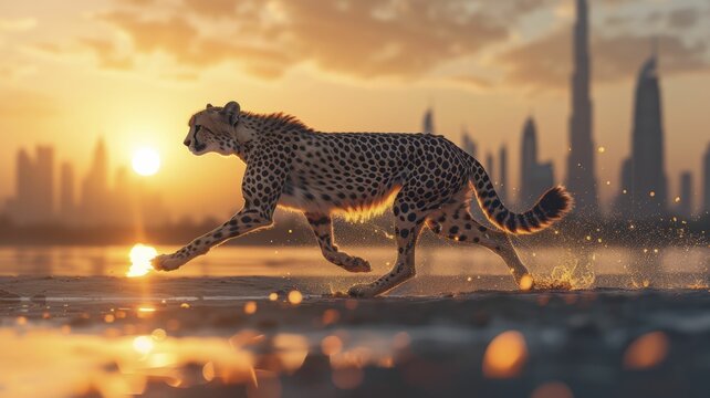 Amidst the backdrop of an urban skyline at sunset, a virtual cheetah influencer organizes a speed-running challenge.