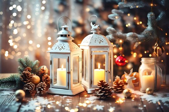 White wooden vintage lantern with burning candle, wooden deer, christmas gifts and tree branches on wooden table. retro filtered image with glitter overlay