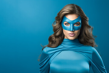Young female super hero with blue costume and blue mask on blue background with space for text.