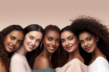 Fototapeta premium five women of different races smiling giving the sensation of well-being and skin care, ai generative
