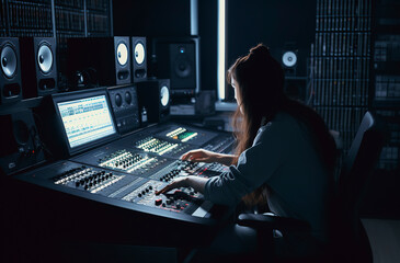 woman seated at an extensive audio mixing console, surrounded by advanced electronic equipment in a dimly lit room, ai generative