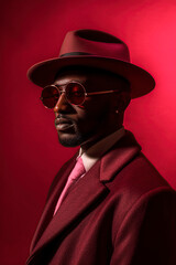 black man in a deep red suit and hat, standing against a monochromatic red background, ai generative
