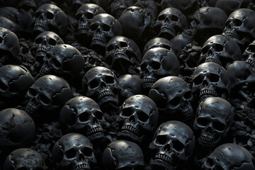 a dark, eerie atmosphere with numerous skulls clustered together, ai generative
