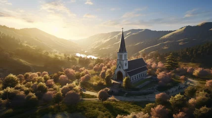 Fotobehang aerial view of church at sunrise, in spring. generative ai © KBL Sungkid