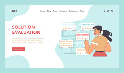 Solution evaluation concept. Woman observing proposals to issues. Critical review and rating of proposed strategies. Analytical assessment in problem resolution. Flat vector illustration