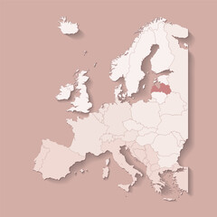 Vector illustration with european land with borders of states and marked country Latvia. Political map in brown colors with western, south and etc regions. Beige background