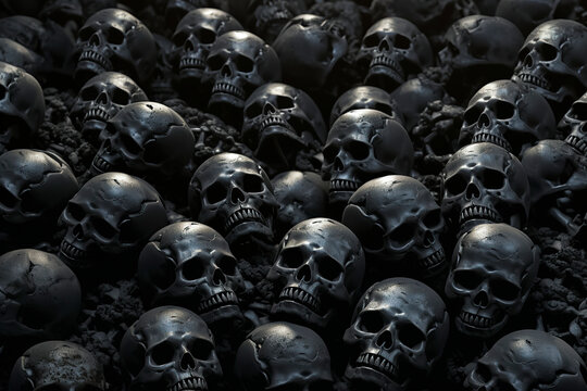a dark, eerie atmosphere with numerous skulls clustered together, ai generative