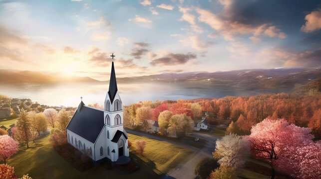 aerial view of church at sunrise, in spring. generative ai