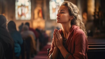 devout Christian woman sitting devoutly in church, folding her hands to pray. generative ai