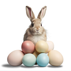 Fototapeta na wymiar Easter bunny sits near painted eggs, transparent background