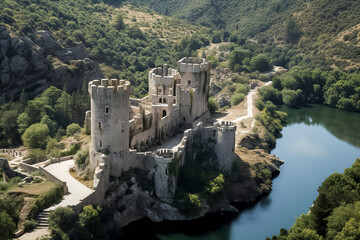 Fototapeta na wymiar A majestic ancient castle surrounded by lush greenery, overlooking a serene lake, exuding an aura of historical grandeur, ai generative
