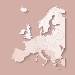 Obraz premium Vector illustration with european land with borders of states and marked country Moldova. Political map in brown colors with western, south and etc regions. Beige background