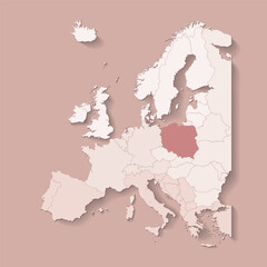 Obraz premium Vector illustration with european land with borders of states and marked country Poland. Political map in brown colors with western, south and etc regions. Beige background
