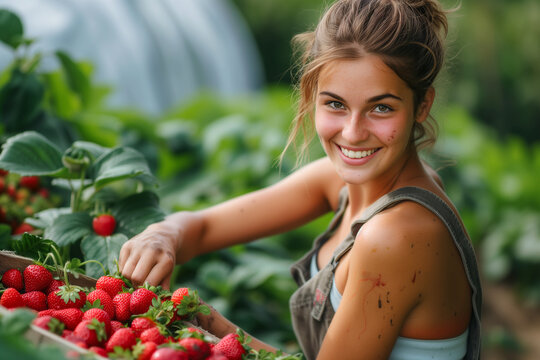 a tanned woman with a smile on her face picking strawberries from plants at a sunny day
