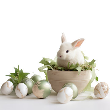 Easter bunny sits in a pot with plants, there are eggs around, Easter decor, transparent background