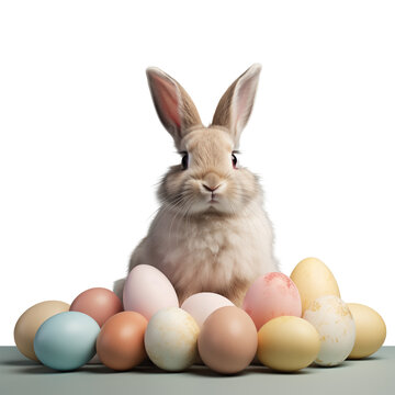 Easter bunny sits near painted eggs, transparent background
