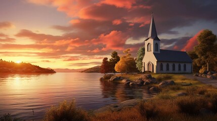 View of beautiful small old brick church lake against sunset sky. generative ai