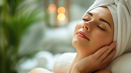 Young woman with closed eyes enjoying beauty treatments in spa salon
