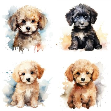 Realistic watercolor dog illustration. Funny doggy drawing template.