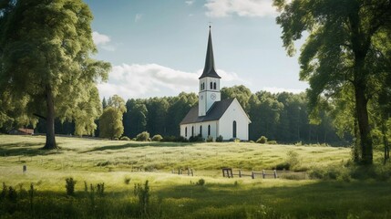 Fototapeta na wymiar a quiet church in a green field, with tall trees. generative ai