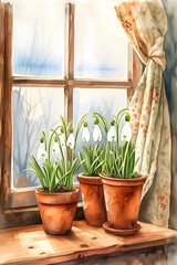 snowdrops on the window in spring
