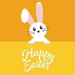 Vector easter banner with cartoon bunny on yellow background. Easter banner with the inscription 