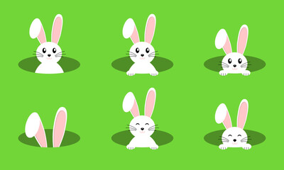 Set of vector Easter bunnies on a green background. Easter Bunnies. Easter bunny vector icon, rabbit in hole, cartoon ears on green background. Vector EPS 10