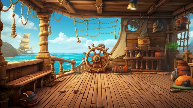 For Kids Pirate Ship Deck Empty Background 3D Cartoon