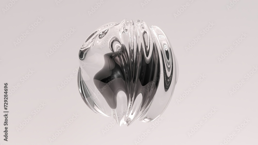 Poster 3d animation of abstract art with a surreal glass sphere or ball in the process of deformation trans