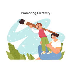 Creativity boost. Mother helping son paint and express himself through art. Joyful exploration of imagination with oversized paintbrush. Stimulating artistic expression. Flat vector illustration