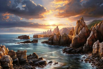 A painting of a rocky coastline at sunset, with the sun setting behind the mountains and clouds. The sky is a mix of orange, pink, and gray, and the water is a mix of blue and brown. The rocks are a m - Powered by Adobe