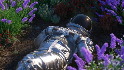 Astronaut amidst a floral array, 3D rendered in a serene juxtaposition of space adventure and earth's flora