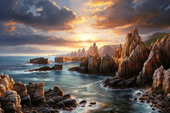 A painting of a rocky coastline at sunset, with the sun setting behind the mountains and clouds. The sky is a mix of orange, pink, and gray, and the water is a mix of blue and brown. The rocks are a m
