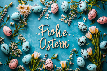 Bunte Ostereier und Frühlingsblumen mit Frohe Ostern Schriftzug