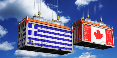 Shipping containers with flags of Greece and Canada - 3D illustration