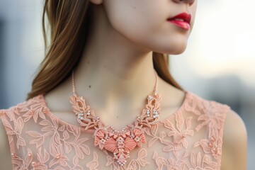 woman wearing peach statement necklace
