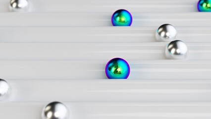Sleek 3D animation of metallic and iridescent spheres gliding on a glossy, grooved white surface.