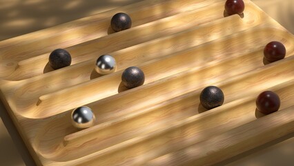 Sunlit 3D animation of marbled and metallic spheres racing down a wooden labyrinth.