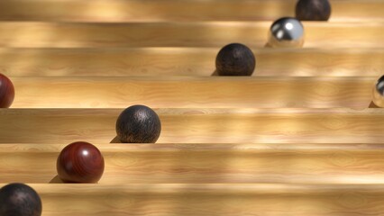 Sunlit 3D animation of marbled and metallic spheres racing down a wooden labyrinth.