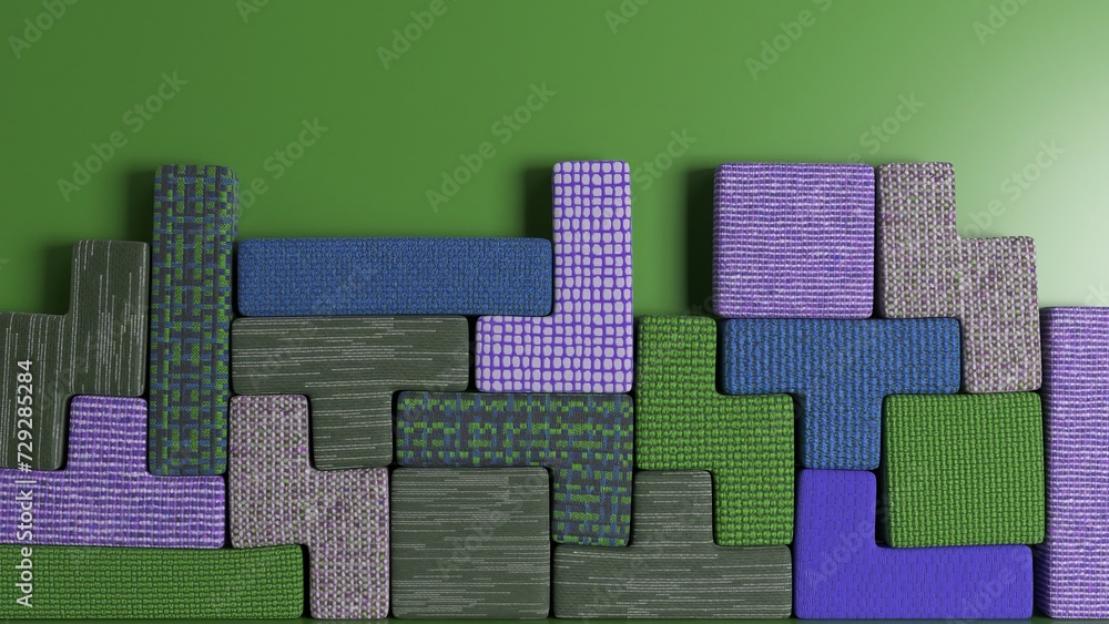 Poster vivid 3d animation of tessellated puzzle fabric pieces with dynamic textures in an interlocking patt