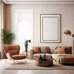 Beige Elegance in 3D Living Room Mockup Sofa and Blank Frame Design
