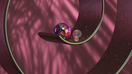 Mystical 3D animation of sparkling orbs on a cosmic, curved path with ethereal red lighting.