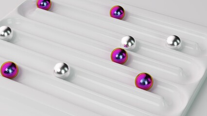 Sleek 3D animation of metallic and iridescent spheres gliding on a glossy, grooved white surface.