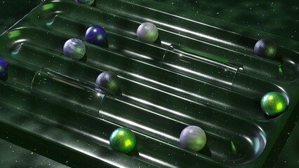 Galactic 3D animation of planets and glass spheres in a cosmic pinball game on a starry purple field.