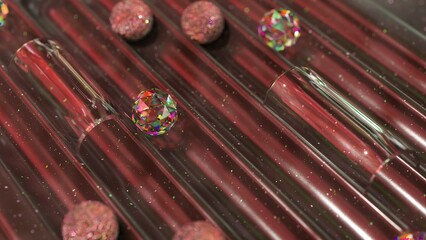 Enchanting 3D animation of glittering crystals and spheres journeying through a space-themed pinball machine.