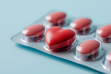 A Model Of A Heart Surrounded By Pink Pills On A Blue Surface