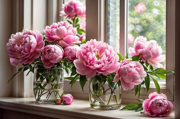 A vase of pink flowers sits on a windowsill, with two similar vases nearby.