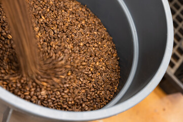 Roasted arabica coffee beans just after roasting